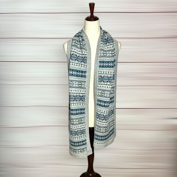 J.Mclaughlin Arthur Wool Knit Long Scarf Gray Blue White Fair Isle Pattern - Picture 6 of 8